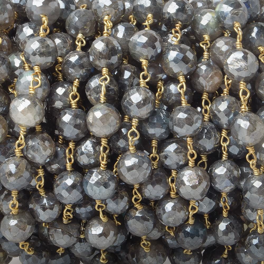 7mm Mystic Labradorite faceted round Gold plated Chain by the foot 22 pcs - Beadsofcambay.com