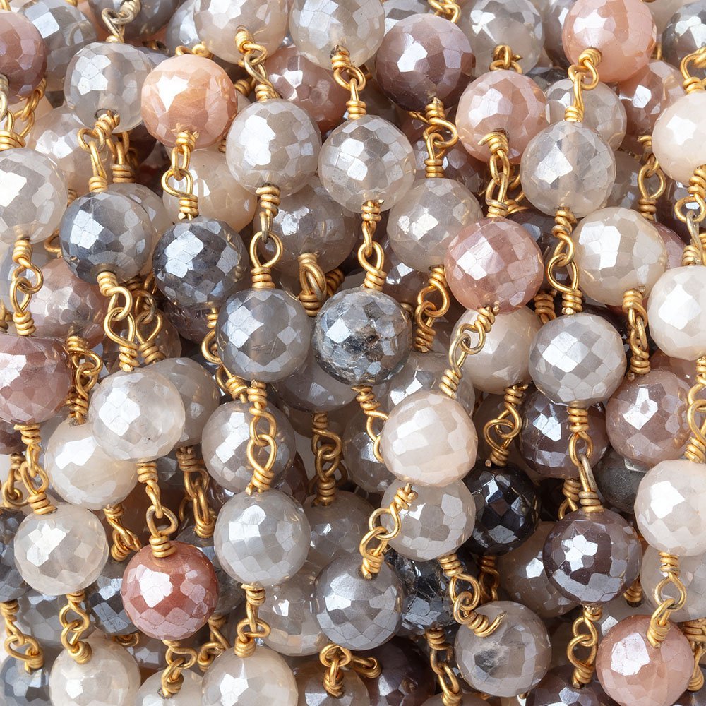7mm Mystic Multi Color Moonstone Faceted Rounds on Gold plated Chain - Beadsofcambay.com
