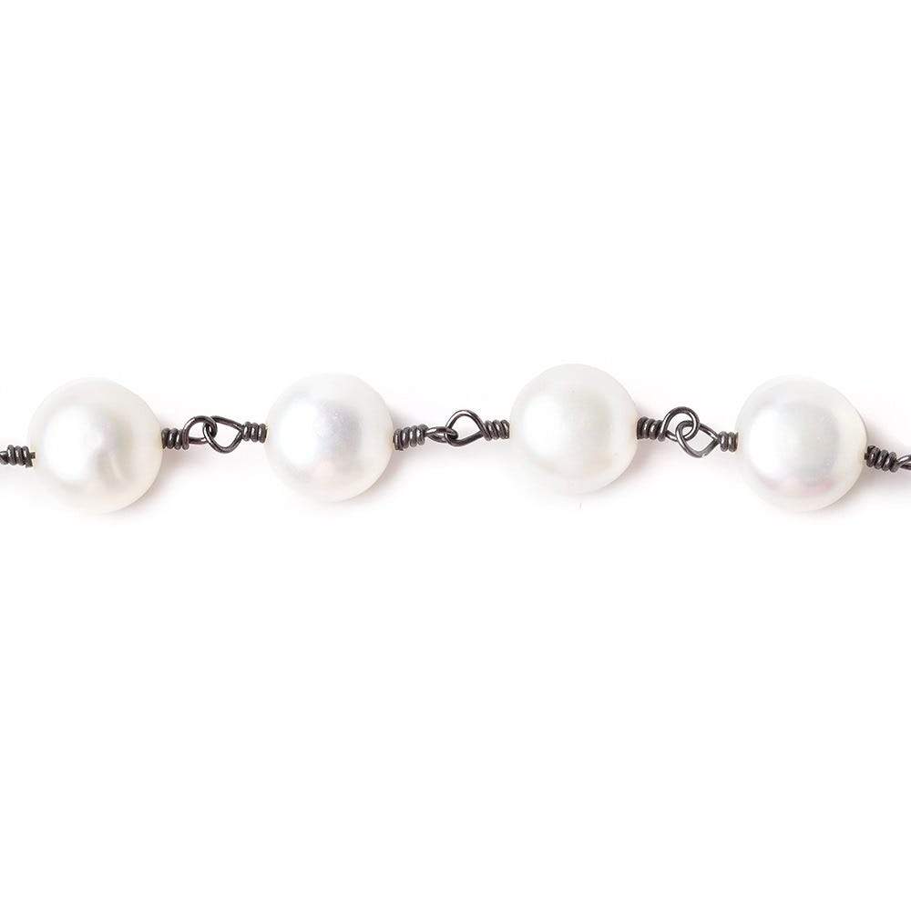 7mm Off White Button Freshwater Pearl Black Gold Plated Chain by the foot - Beadsofcambay.com