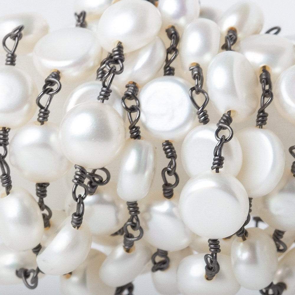 7mm Off White Button Freshwater Pearl Black Gold Plated Chain by the foot - Beadsofcambay.com