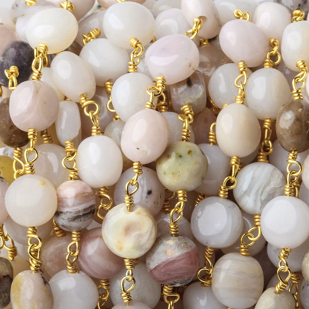 7mm Pink Peruvian Opal plain coin Gold plated Chain by the foot - Beadsofcambay.com
