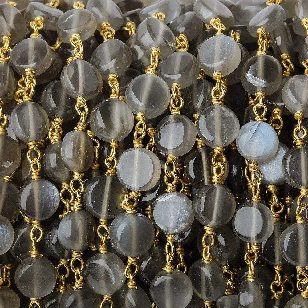 7mm Platinum Grey Moonstone plain coin Vermeil Chain by the foot - Beadsofcambay.com