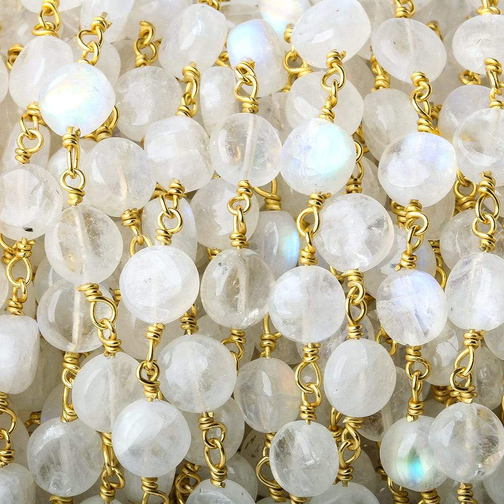 7mm Rainbow Moonstone plain coin Vermeil Chain by the foot - Beadsofcambay.com