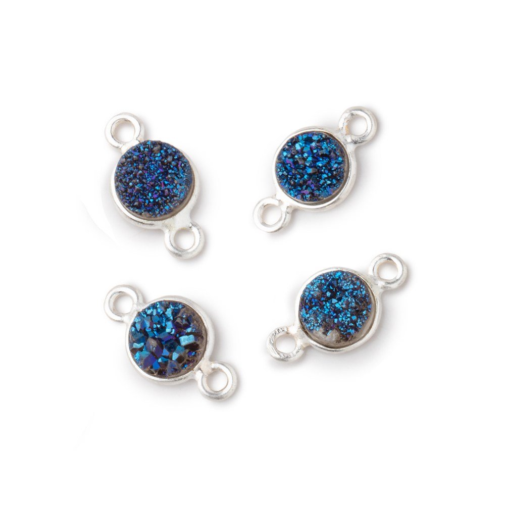 7mm Silver .925 Bezel Mystic Aegean Blue Drusy Coin Connector Set of 4 Pieces - Beadsofcambay.com