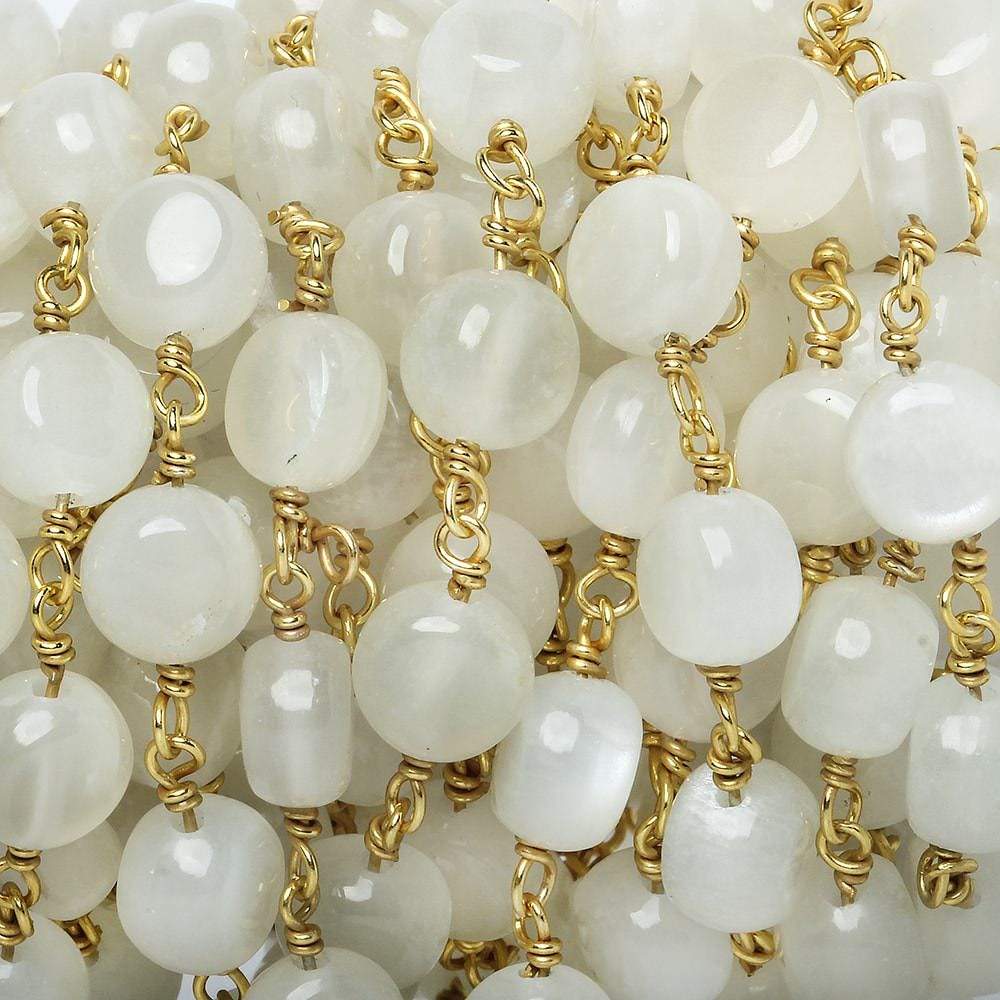 7mm White Moonstone puffy plain coin Black Gold .925 Silver Chain by the foot 23 pcs AA - Beadsofcambay.com