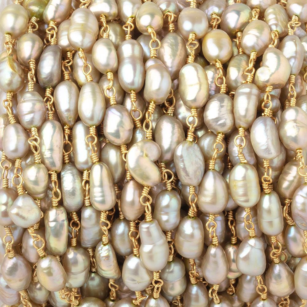7x5-8x5mm Sage Green Baroque Pearls on Gold Plated Chain - Beadsofcambay.com