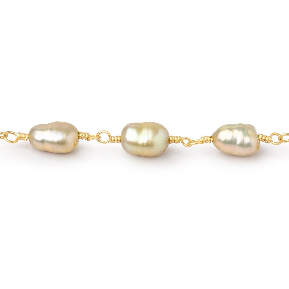 7x5-8x5mm Sage Green Baroque Pearls on Gold Plated Chain - Beadsofcambay.com