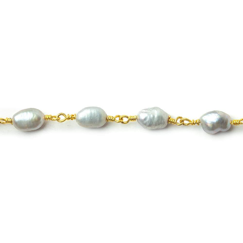 7x5-8x6mm Silver straight drill Baroque Freshwater Pearl Gold plated Chain by the foot 20 beads per - Beadsofcambay.com
