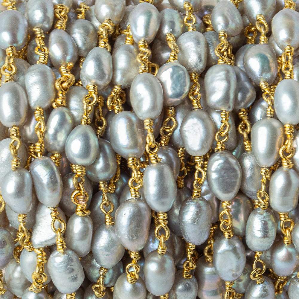 7x5-8x6mm Silver straight drill Baroque Freshwater Pearl Gold plated Chain by the foot 20 beads per - Beadsofcambay.com