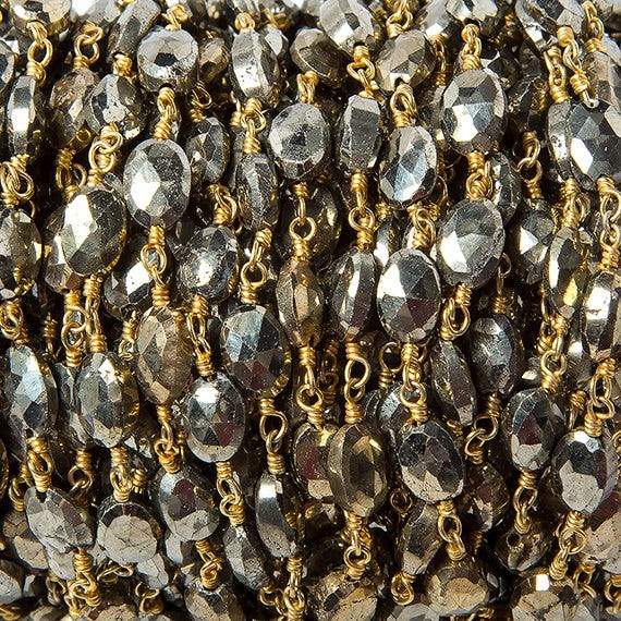 7x5mm Gold plated Pyrite faceted oval Gold Chain by the foot 24 pcs - Beadsofcambay.com