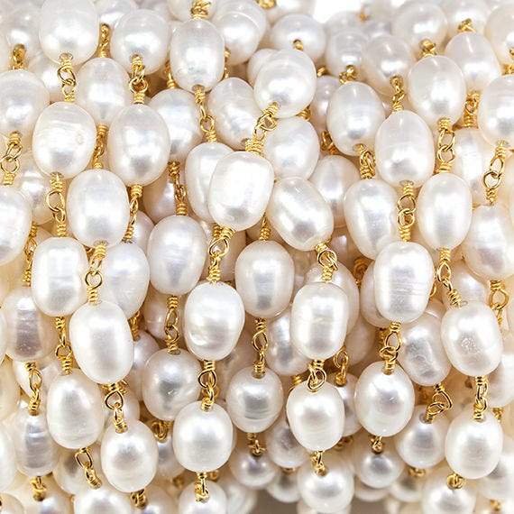 7x5mm Off White Baroque Freshwater Pearl Gold plated Chain by the foot - Beadsofcambay.com