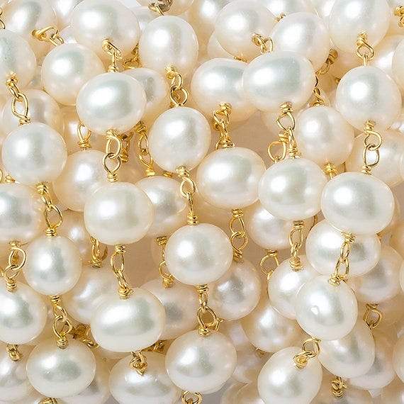 7x5mm Off White Freshwater Pearl Gold plated Chain by the foot 30 beads - Beadsofcambay.com