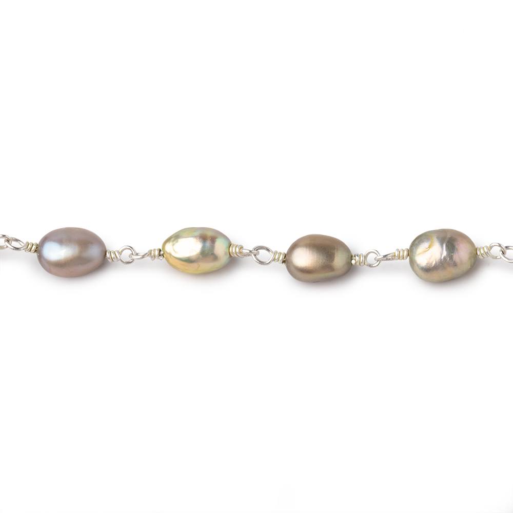 7x5mm Sage Straight Drill Baroque Pearls on Silver Plated Chain - Beadsofcambay.com