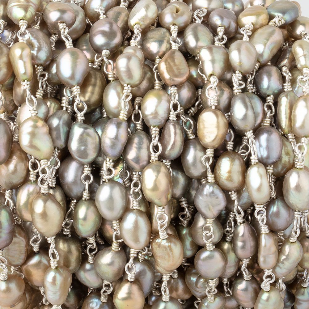 7x5mm Sage Straight Drill Baroque Pearls on Silver Plated Chain - Beadsofcambay.com