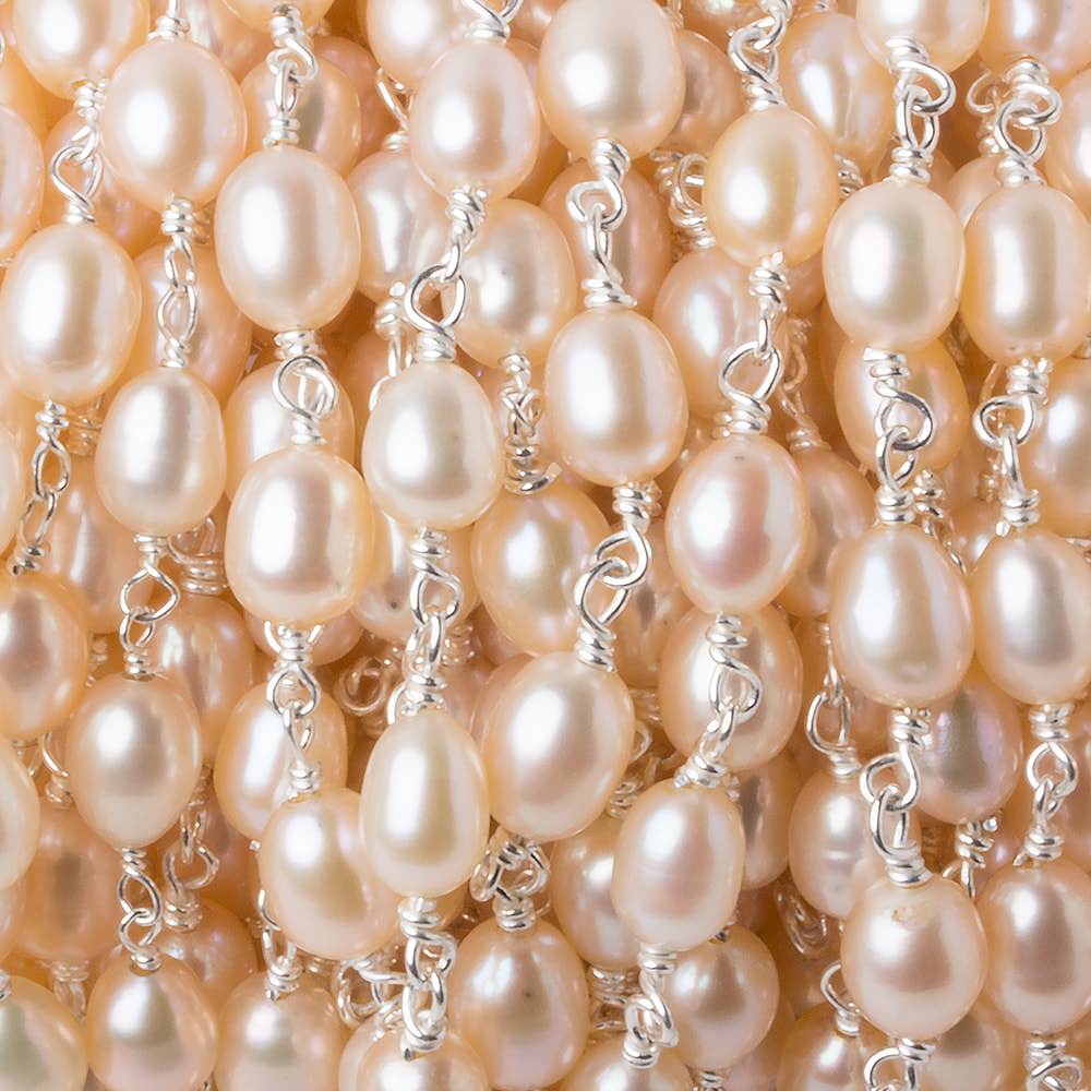 7x5mm Salmon Pink Oval Freshwater Pearl .925 Silver Chain by the foot 25 pearls - Beadsofcambay.com