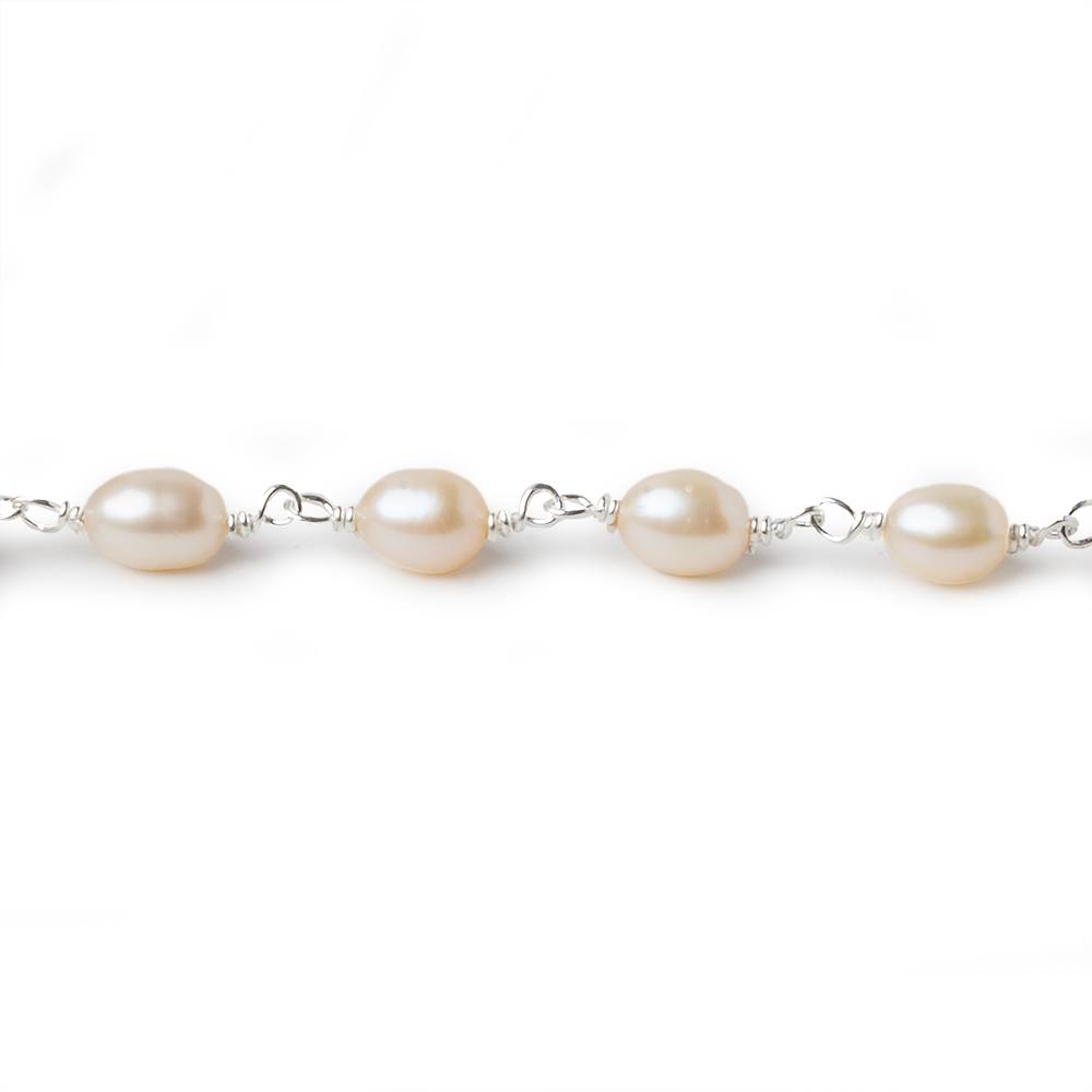 7x5mm Salmon Pink Oval Freshwater Pearl .925 Silver Chain by the foot 25 pearls - Beadsofcambay.com