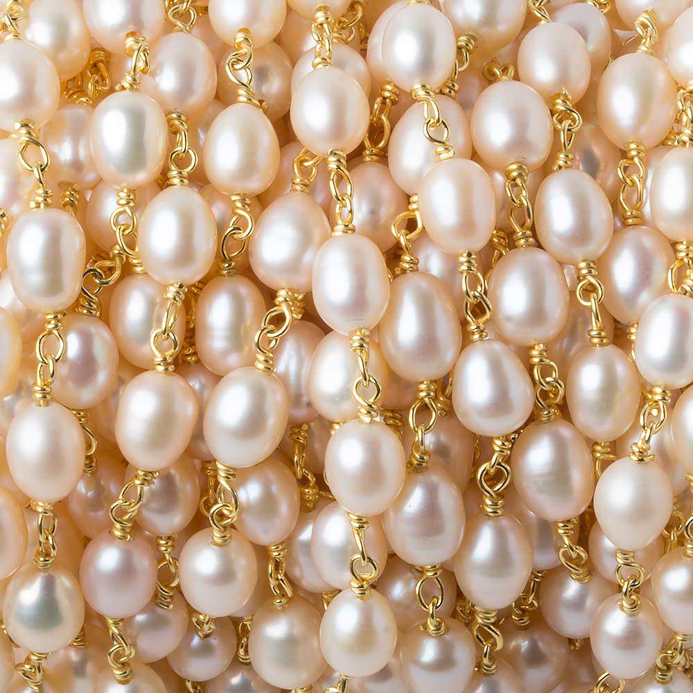 7x5mm Salmon Pink Oval Freshwater Pearl Vermeil Chain by the foot 25 pearls - Beadsofcambay.com