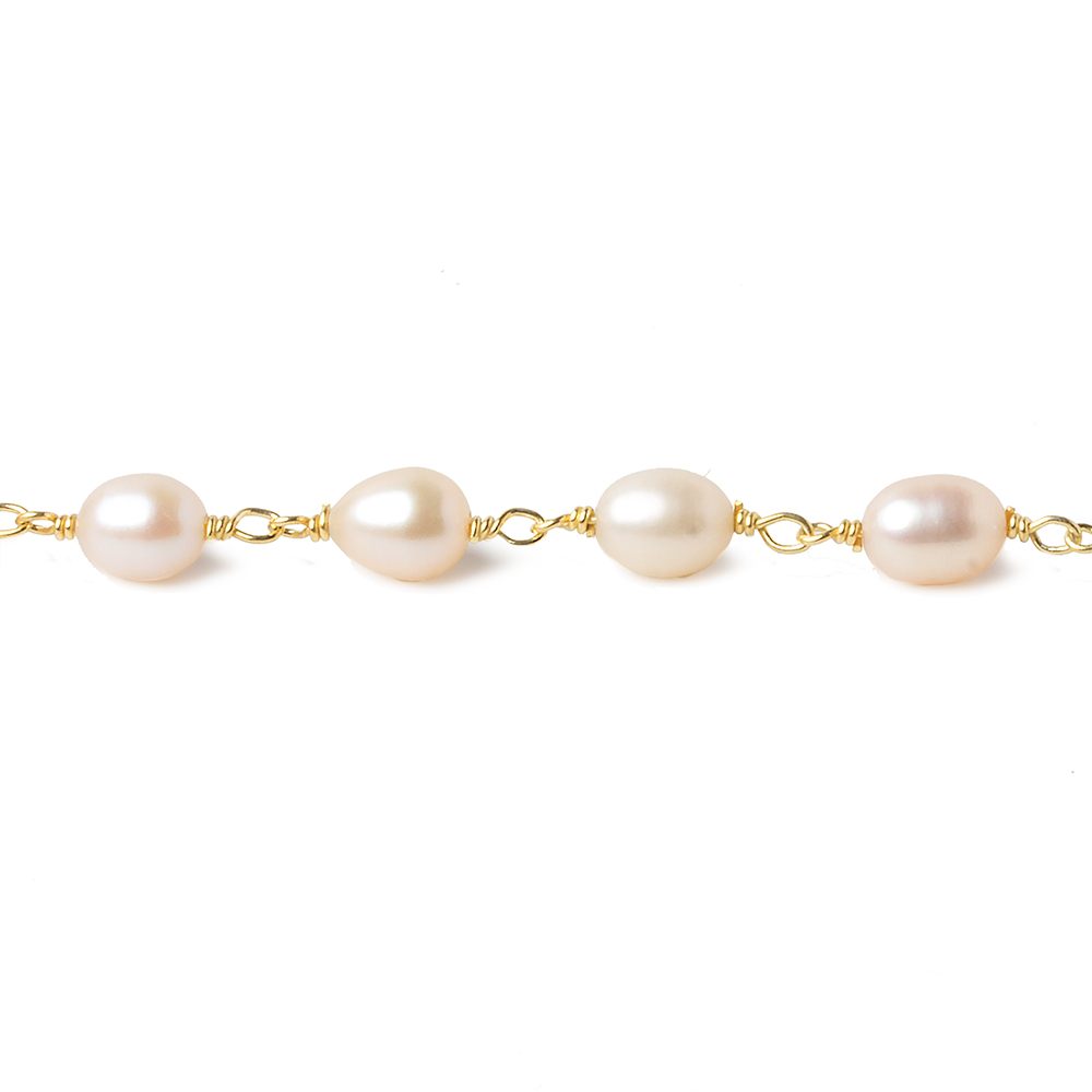 7x5mm Salmon Pink Oval Freshwater Pearl Vermeil Chain by the foot 25 pearls - Beadsofcambay.com