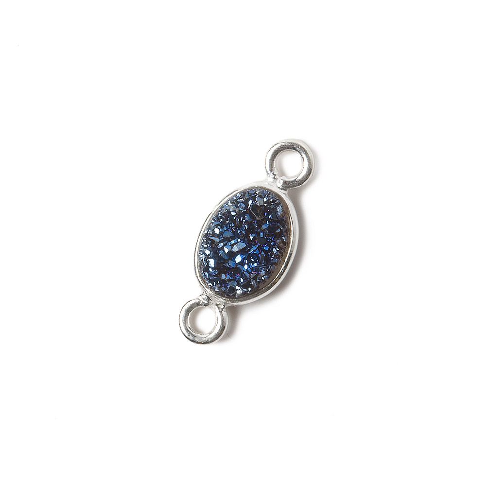 7x5mm Silver .925 Bezel Mystic Aegean Blue Drusy Oval Connector 1 piece - Beadsofcambay.com