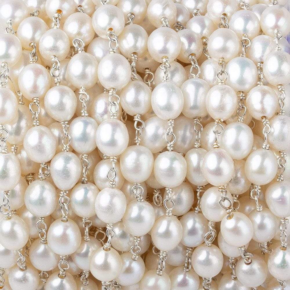 7x5mm White Oval Pearl .925 Sterling Silver Chain by the foot 22 pcs - Beadsofcambay.com