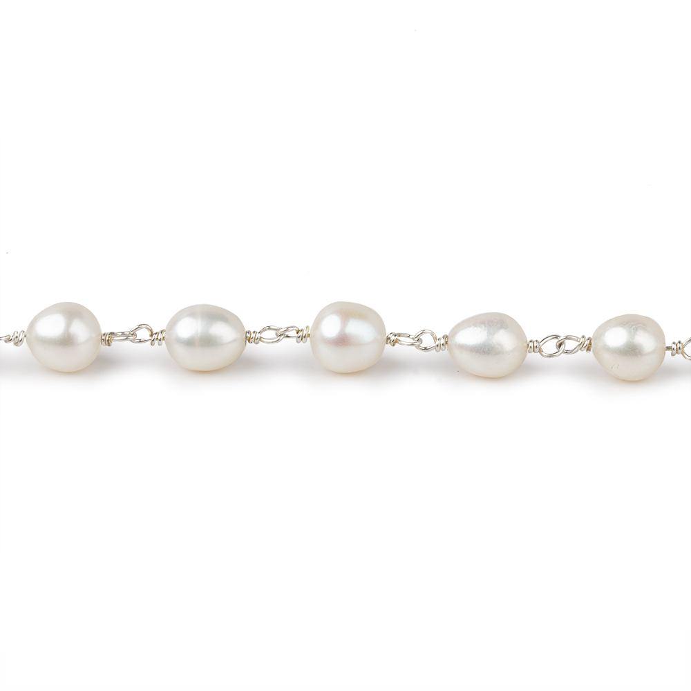 7x5mm White Oval Pearl .925 Sterling Silver Chain by the foot 22 pcs - Beadsofcambay.com