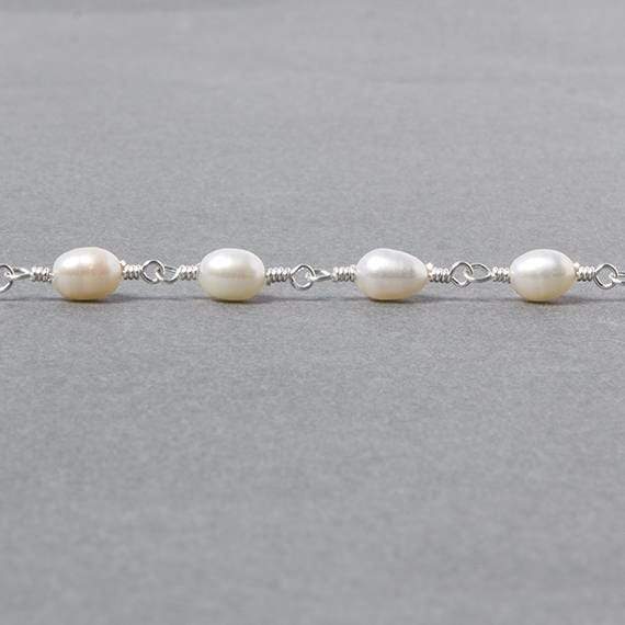 7x5mm White Oval Pearl .925 Sterling Silver Chain by the foot 22 pcs - Beadsofcambay.com