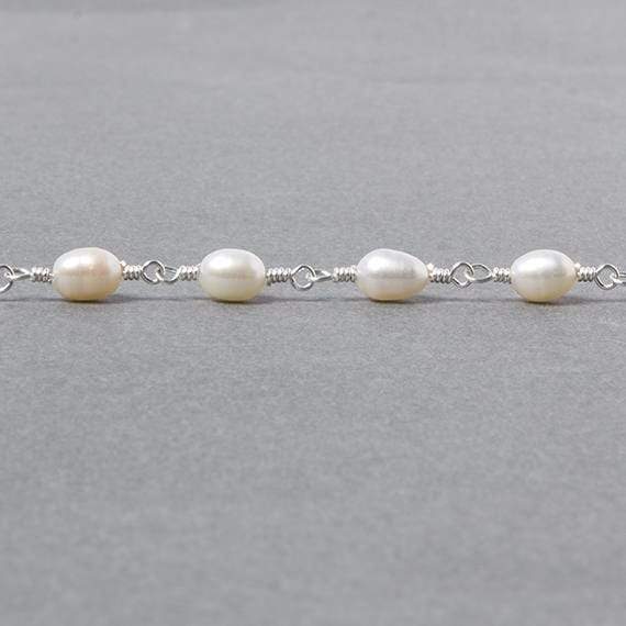 7x5mm White Oval Pearl .925 Sterling Silver Chain by the foot 22 pcs - Beadsofcambay.com