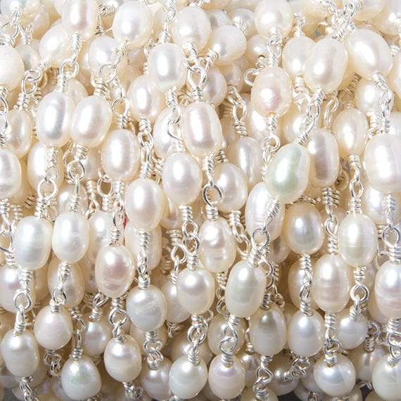 7x5mm White Oval Pearl .925 Sterling Silver Chain by the foot 22 pcs - Beadsofcambay.com