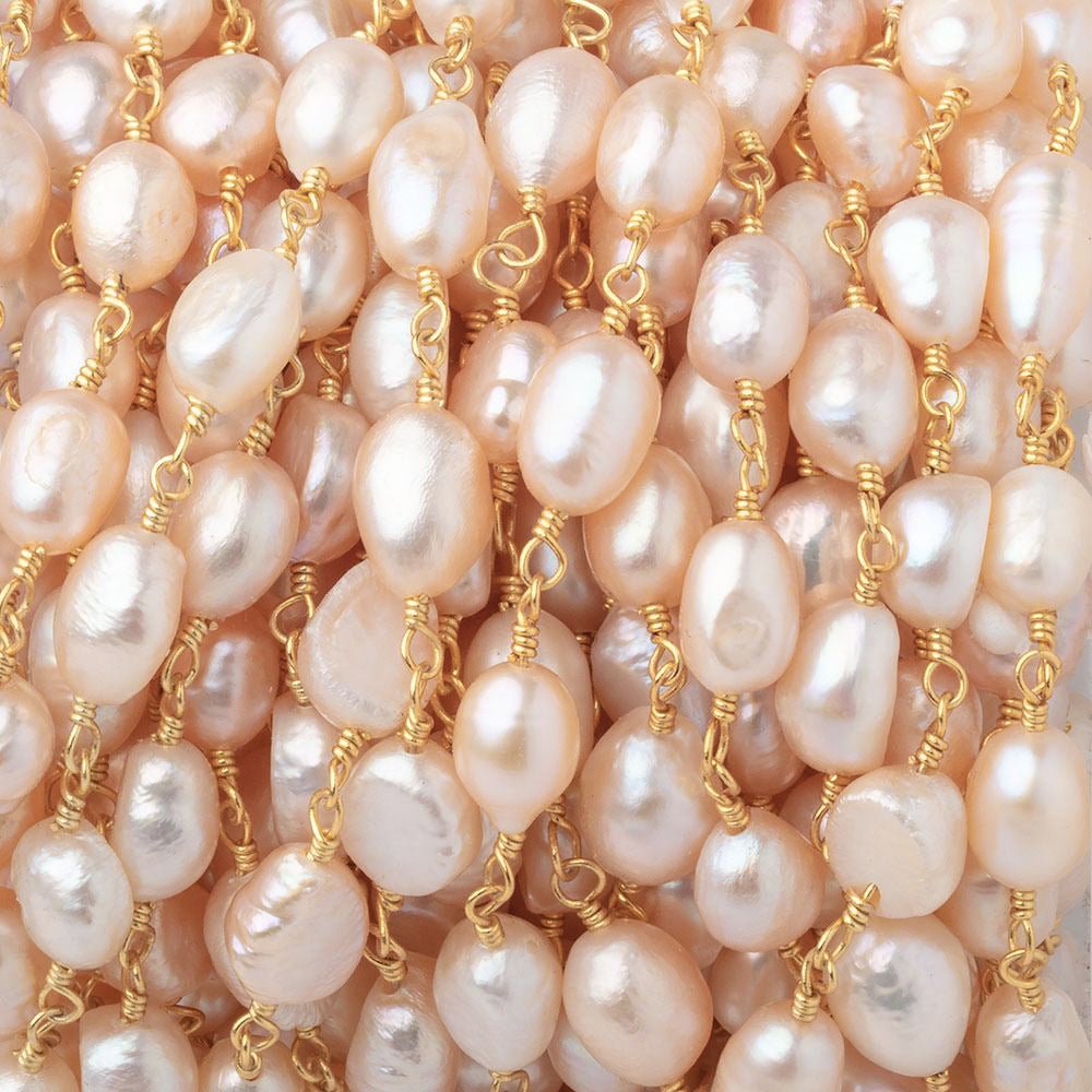 7x6-8x6mm Peach Baroque Pearls on Gold Plated Chain - Beadsofcambay.com