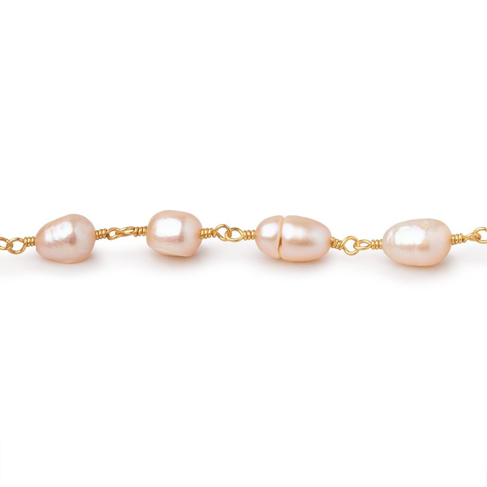 7x6-8x6mm Peach Baroque Pearls on Gold Plated Chain - Beadsofcambay.com