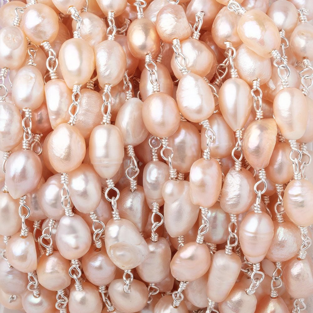7x6-8x6mm Peach Baroque Pearls on Silver Plated Chain - Beadsofcambay.com