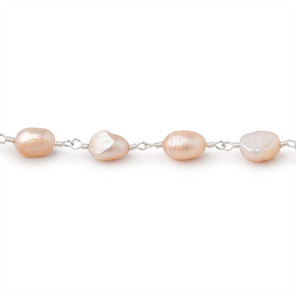 7x6-8x6mm Peach Baroque Pearls on Silver Plated Chain - Beadsofcambay.com