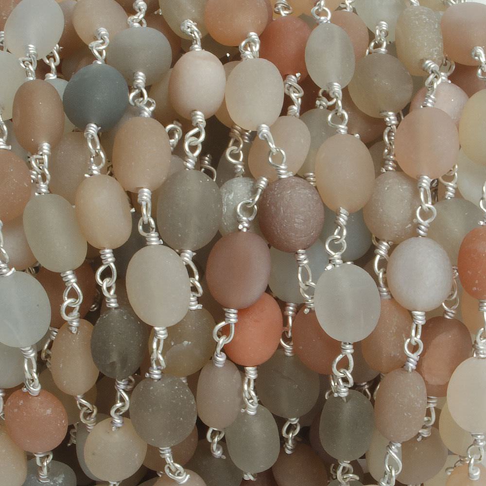 7x6-8x7mm Matte MultiColor Moonstone nugget Silver plated Chain by the foot with approximately 23 pcs - Beadsofcambay.com