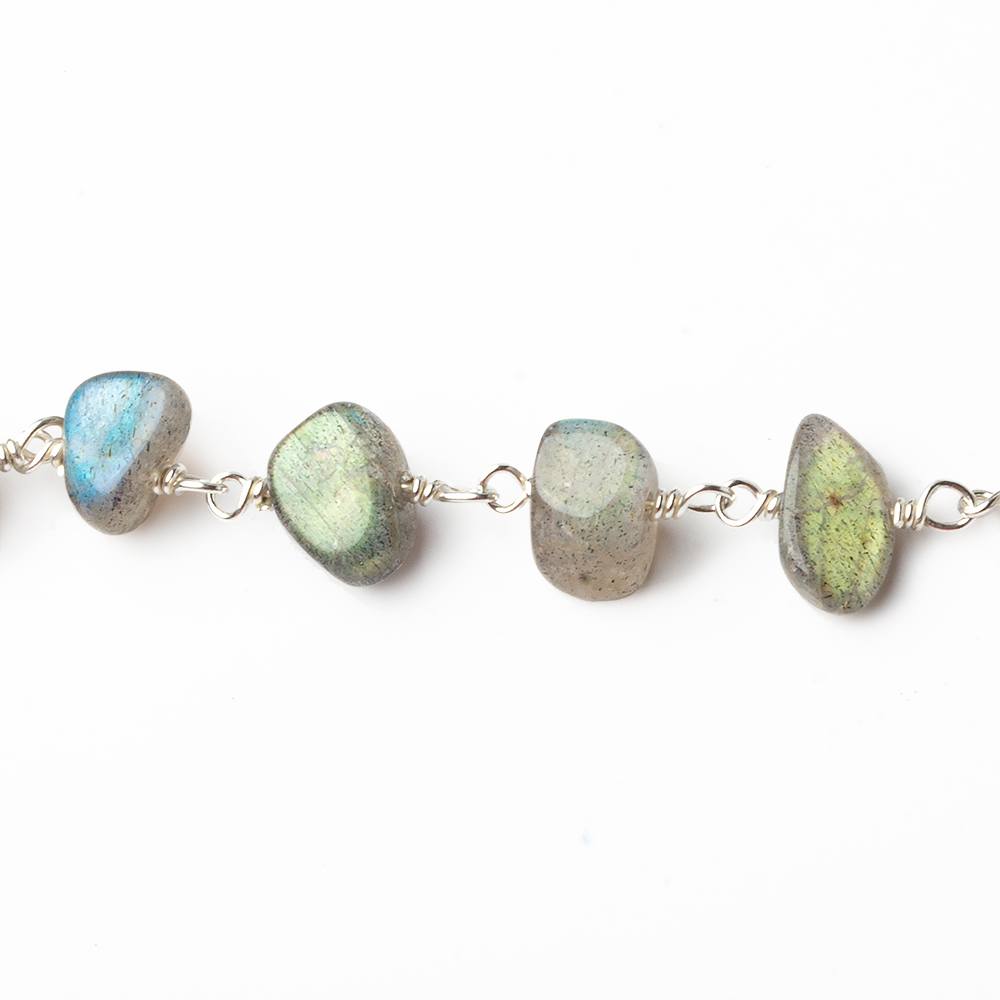 7x6-9x7mm Labradorite plain nugget .925 Silver chain by the foot 26 pcs - Beadsofcambay.com