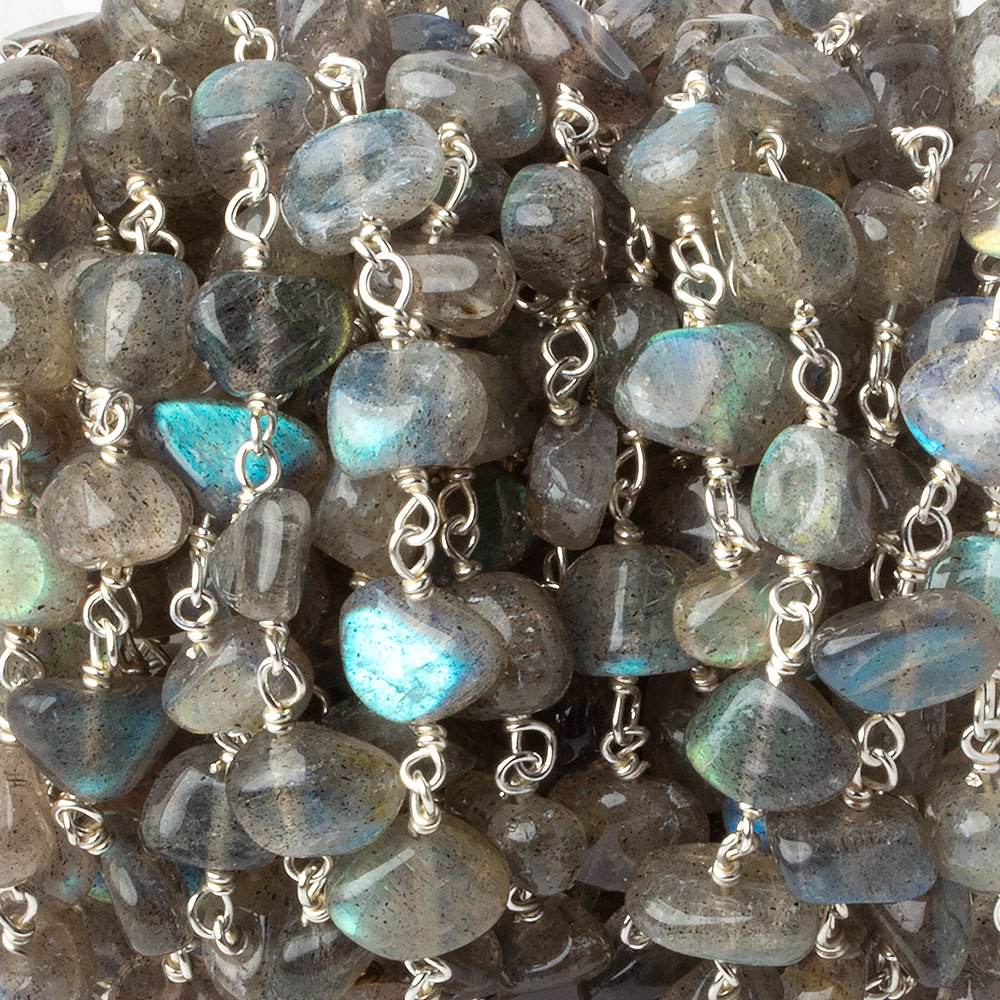 7x6-9x7mm Labradorite plain nugget .925 Silver chain by the foot 26 pcs - Beadsofcambay.com