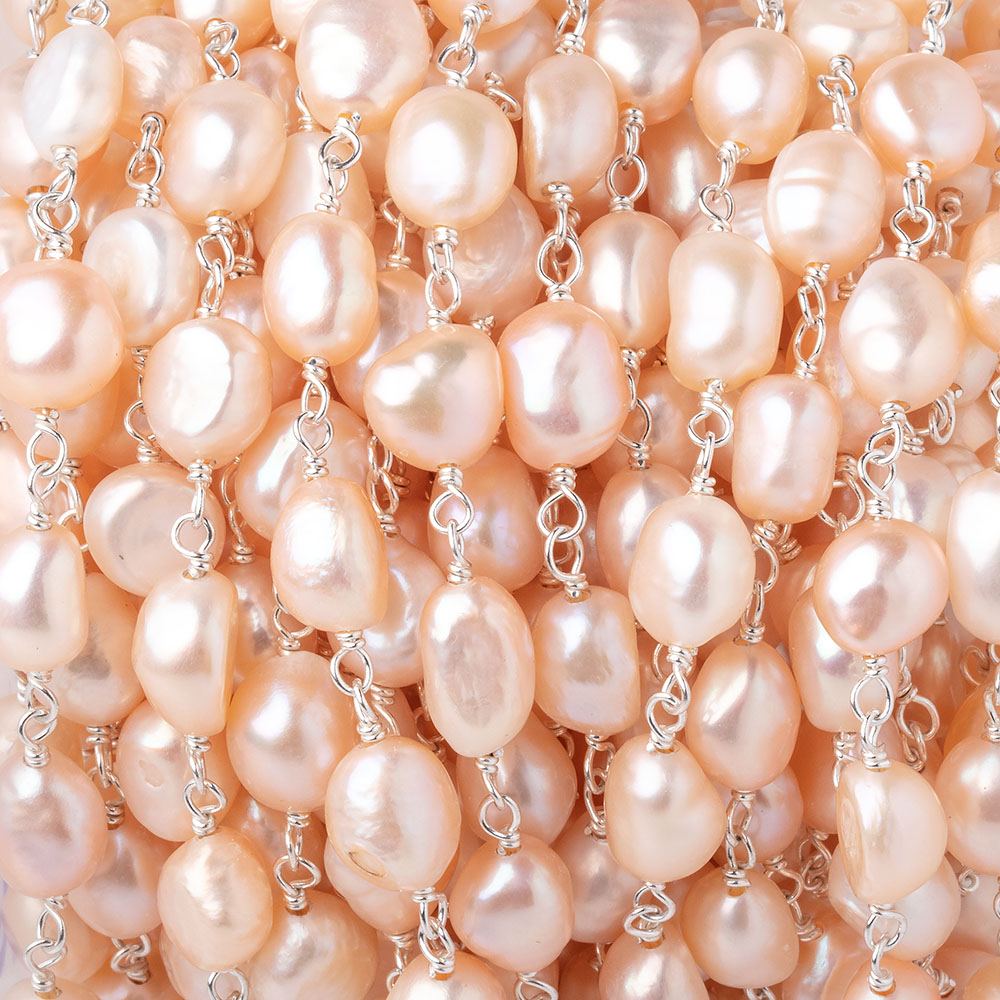 7x6.5-9x7mm Peach Baroque Pearls on .925 Silver Chain - Beadsofcambay.com