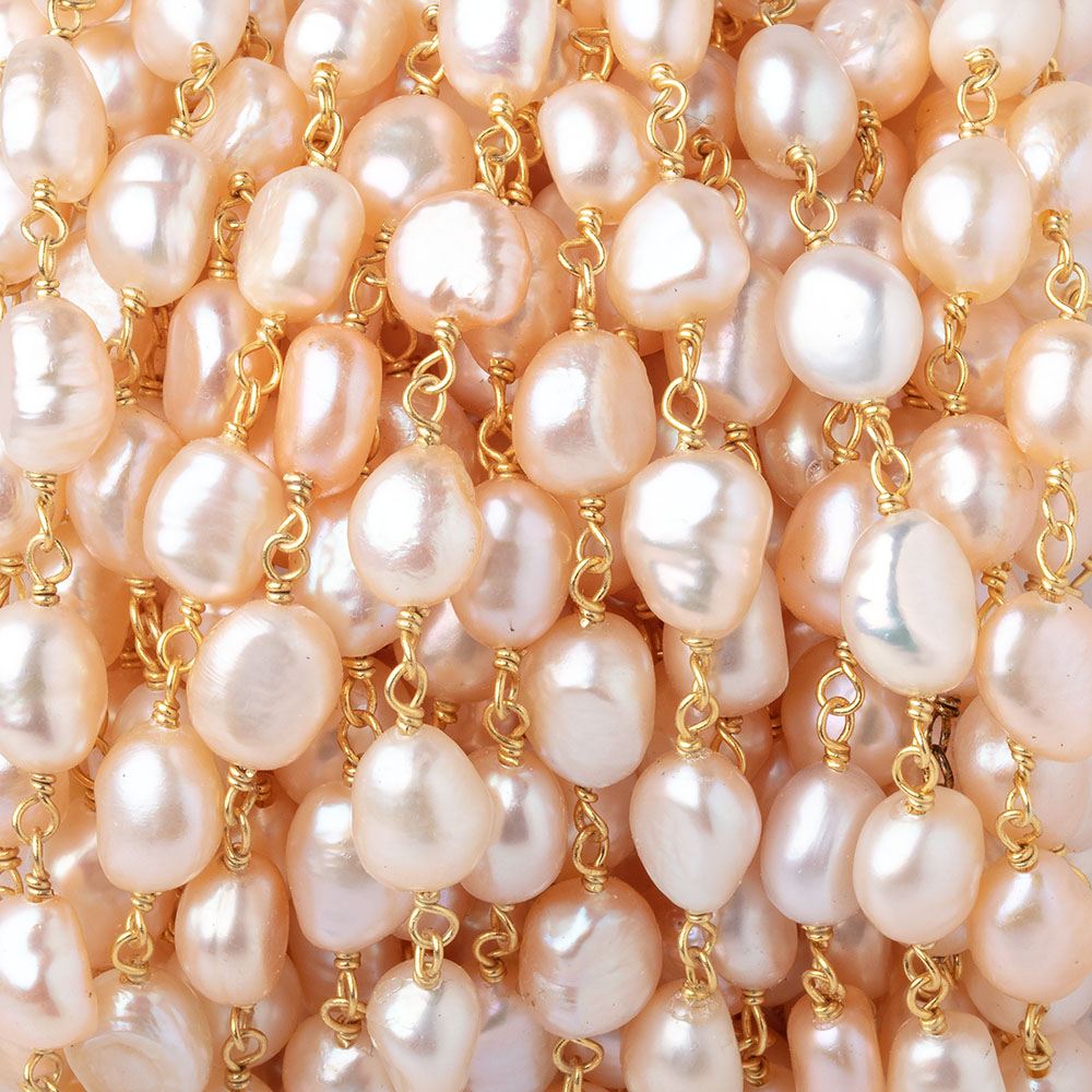 7x6.5-9x7mm Peach Baroque Pearls on Vermeil Chain - Beadsofcambay.com