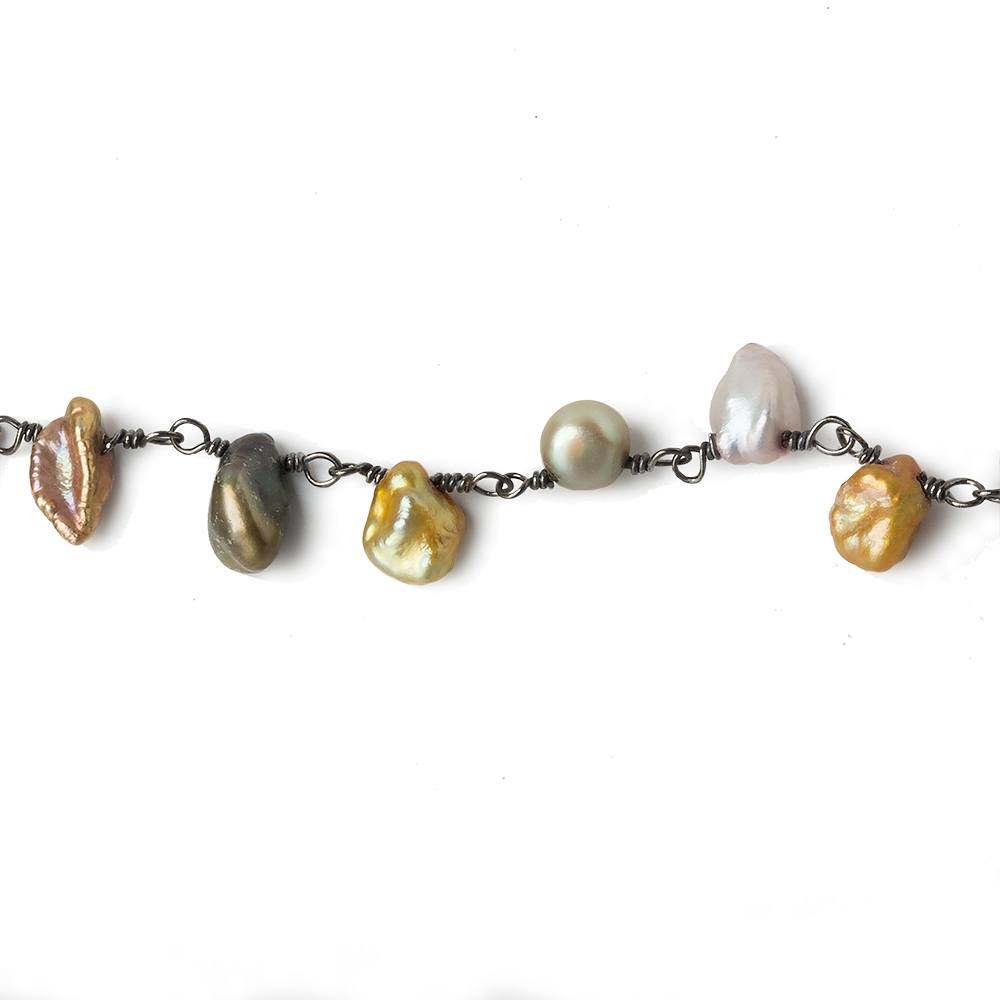 7x6mm Multi Color Top Drill Keshi Pearl Black Gold .925 Silver Chain - Beadsofcambay.com
