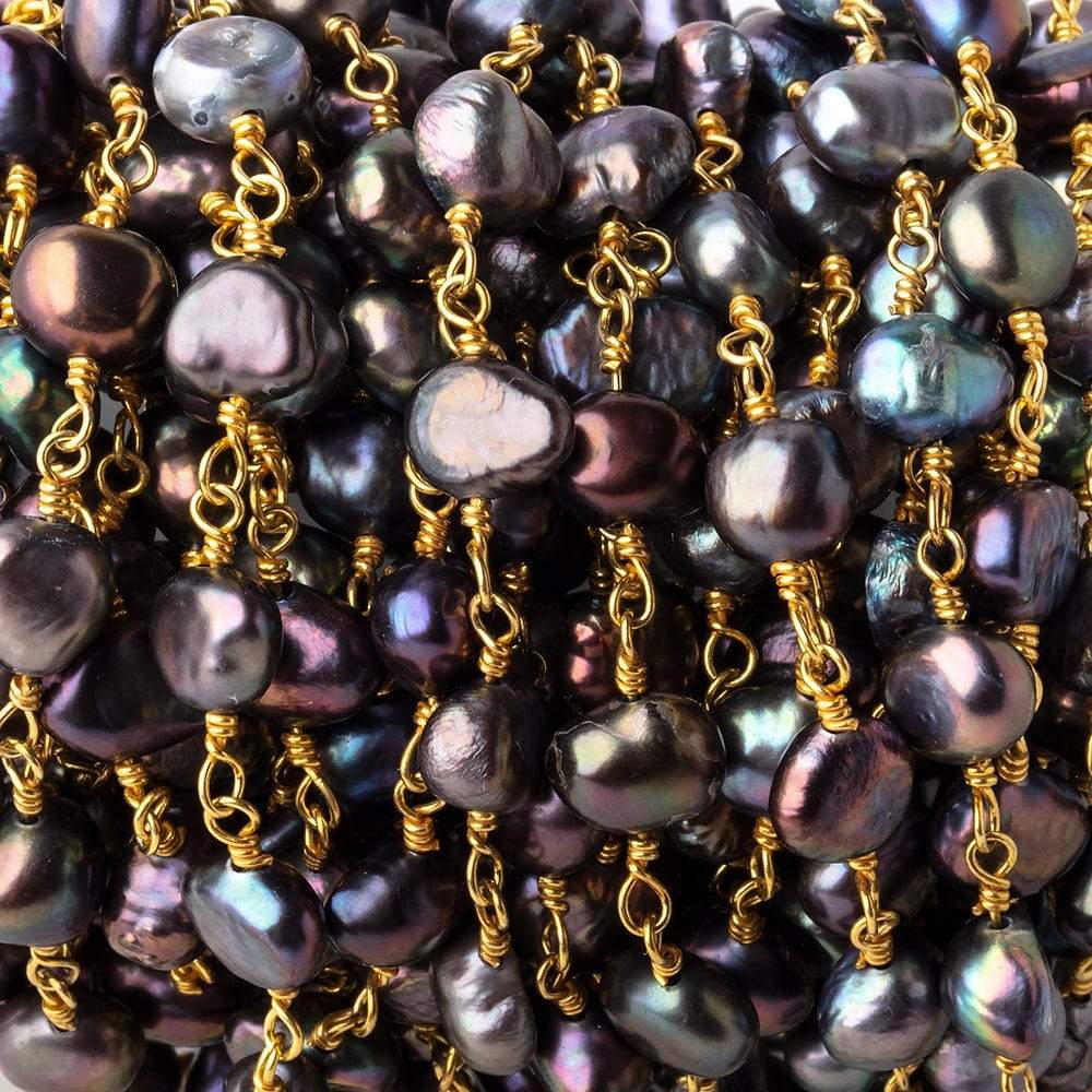 7x6mm Peacock Baroque Freshwater Pearl Gold plated Chain by the foot 23 pcs - Beadsofcambay.com