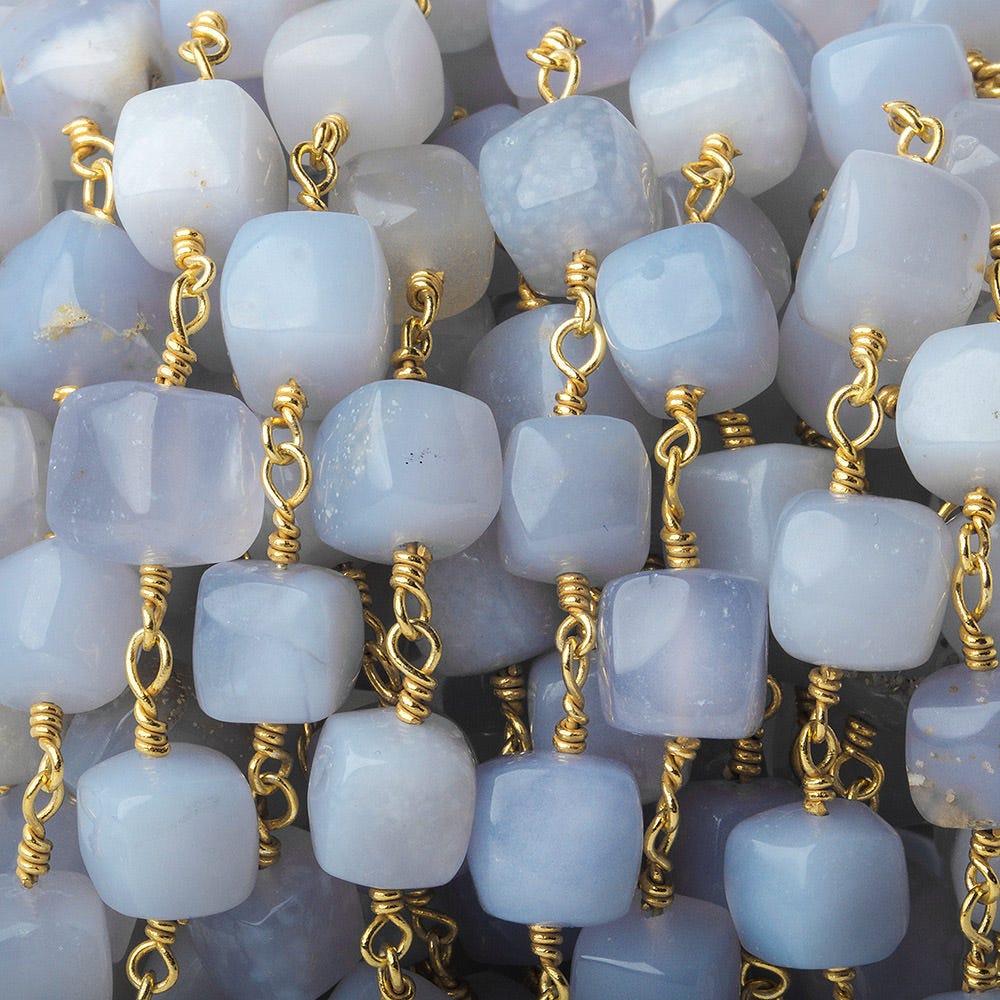 7x7-8.5x8.5mm Turkish Blue Chalcedony plain cube Gold plated Chain by the foot - Beadsofcambay.com