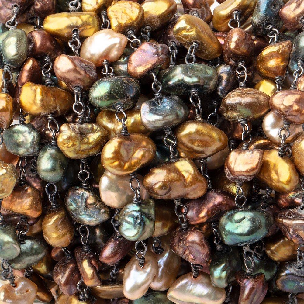 7x7-9x6mm Multi Color Keshi Pearls on Black Gold .925 Chain - Beadsofcambay.com