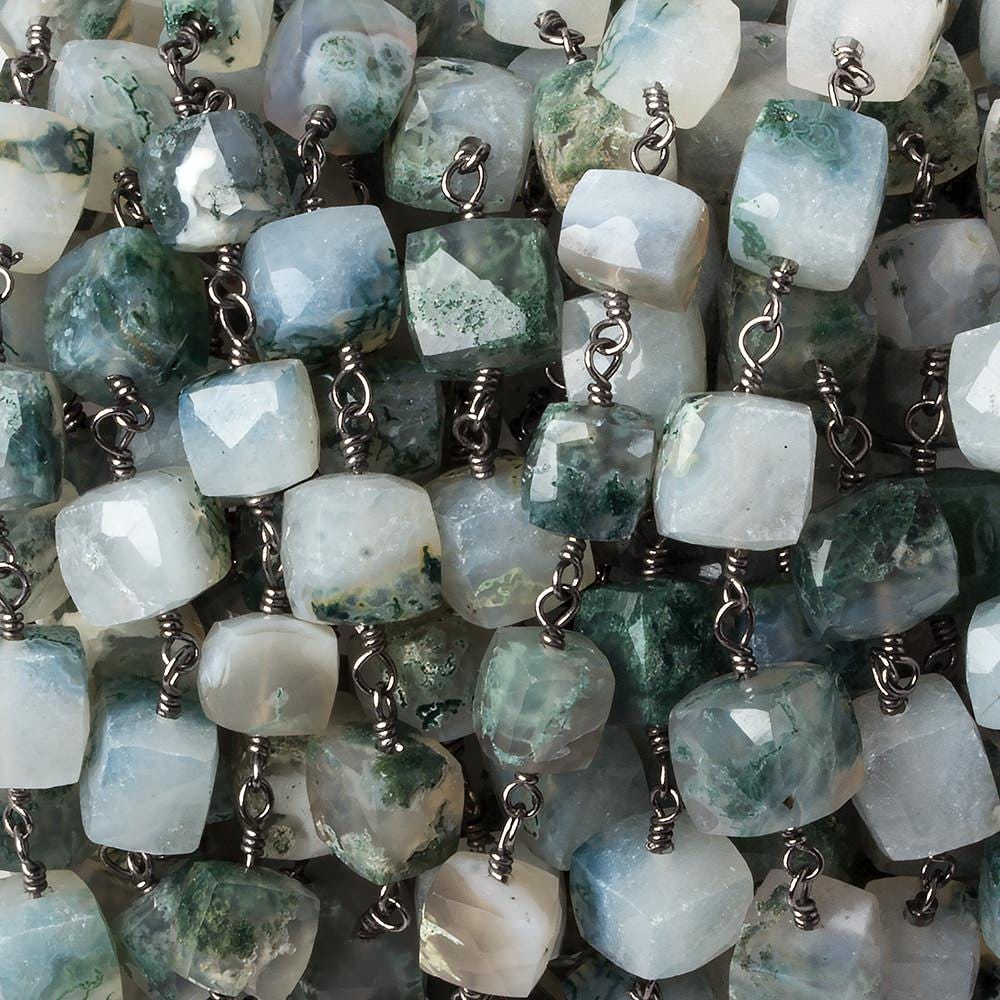 7x7mm Moss Agate faceted cube Black Gold plated .925 Silver Chain by the foot 22 pcs - Beadsofcambay.com