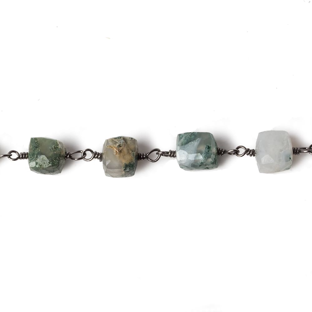 7x7mm Moss Agate faceted cube Black Gold plated .925 Silver Chain by the foot 22 pcs - Beadsofcambay.com