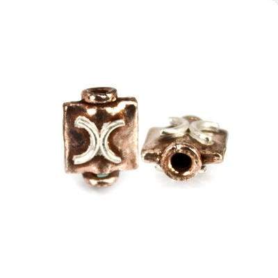 7x7mm Two toned Copper & Sterling Silver Beads Square with Stylized 'X', Shiny, 2 pieces *DISCONTINUED* - Beadsofcambay.com