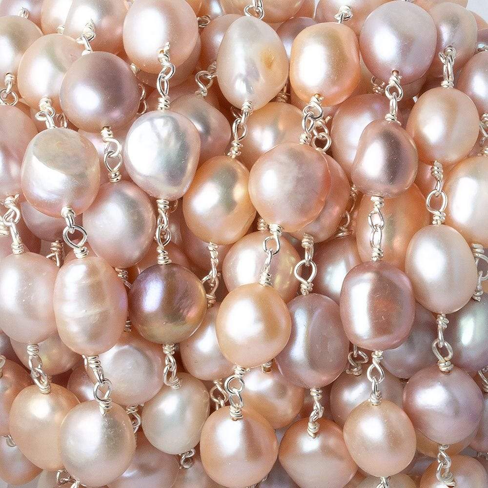 7x8-8x10mm TriColor Baroque Freshwater Pearl Silver .925 Chain by the foot - Beadsofcambay.com