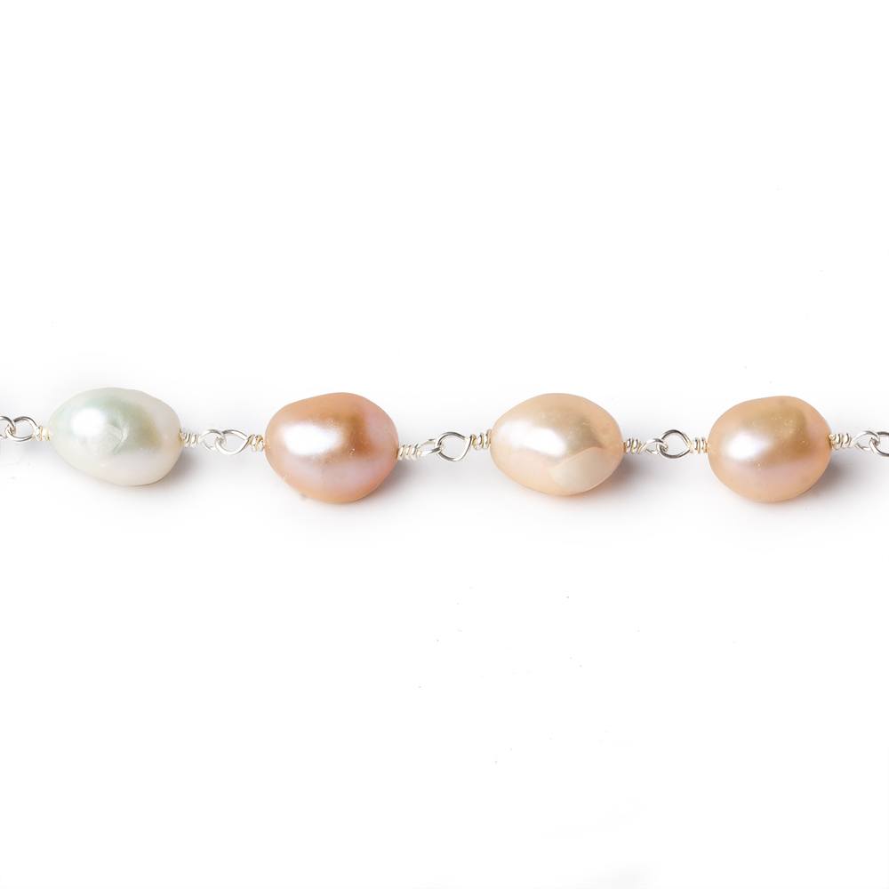 7x8-8x10mm TriColor Baroque Freshwater Pearl Silver .925 Chain by the foot - Beadsofcambay.com