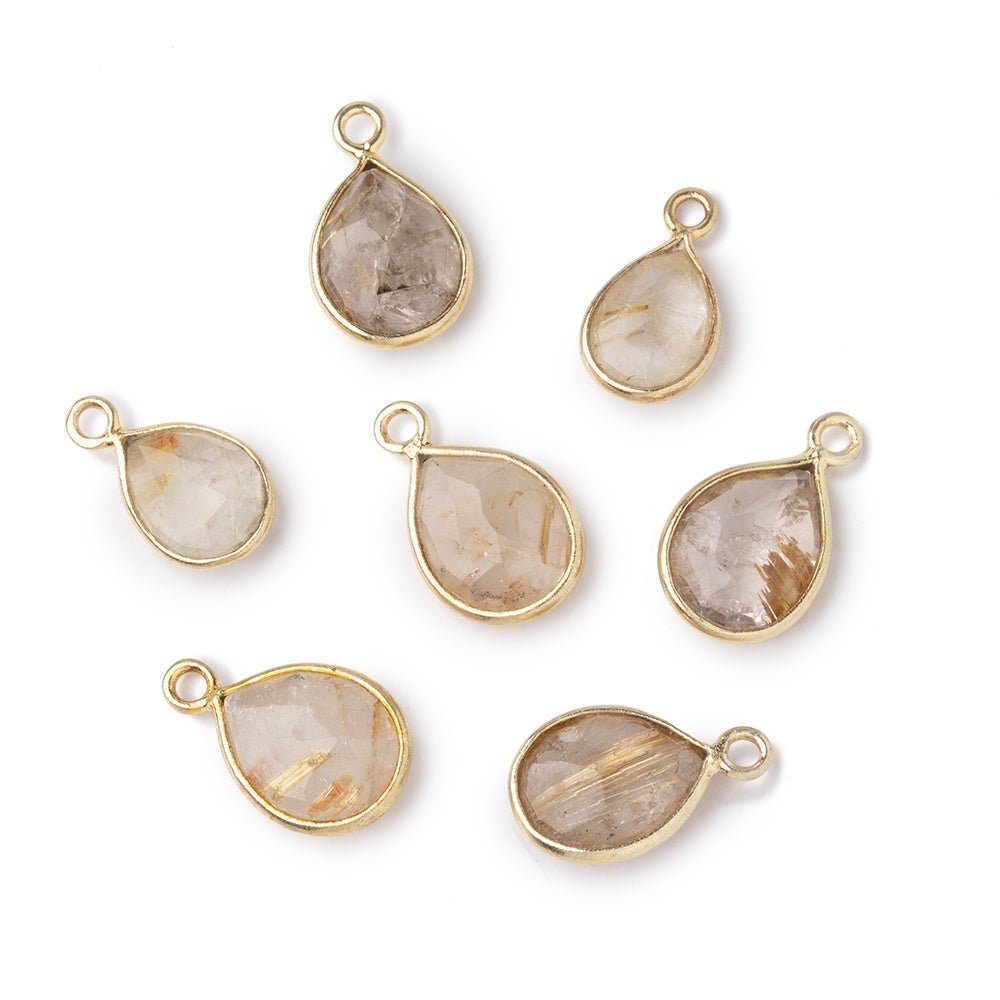 8-10mm Vermeil Bezel Rutilated Quartz Faceted Pear Pendant 1 piece - Beadsofcambay.com