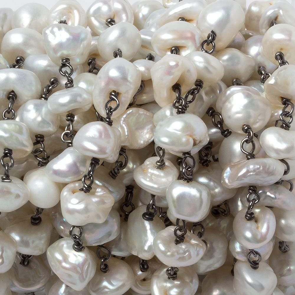 8-11mm White Keshi Pearl Black Gold .925 Silver Chain by the foot 28 pieces - Beadsofcambay.com