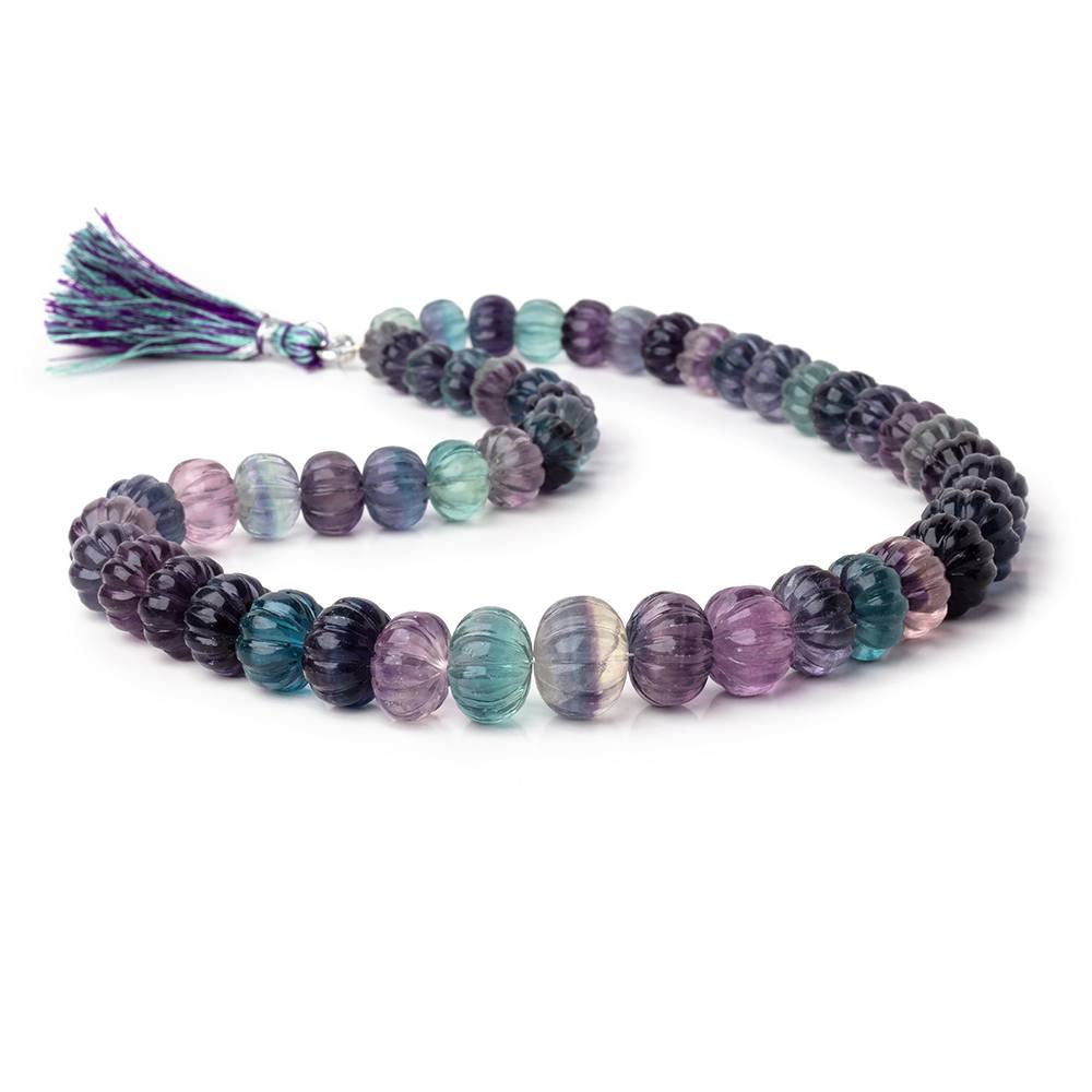 8-13mm Fluorite Hand Carved Melon Rondelles 16 inch 50 Beads AA - Beadsofcambay.com