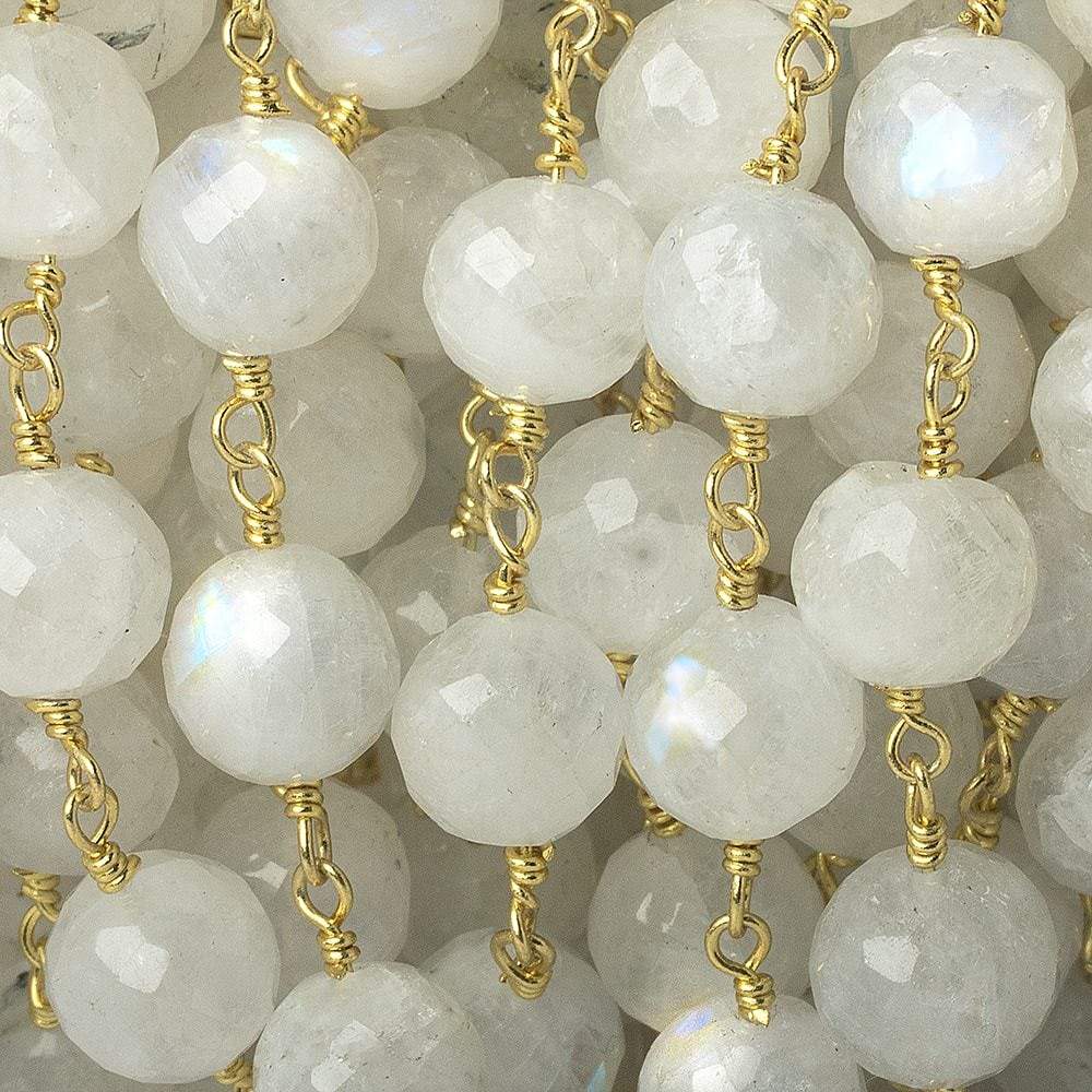 8-8.5mm Rainbow Moonstone faceted round Gold Chain by the foot 22 pieces - Beadsofcambay.com
